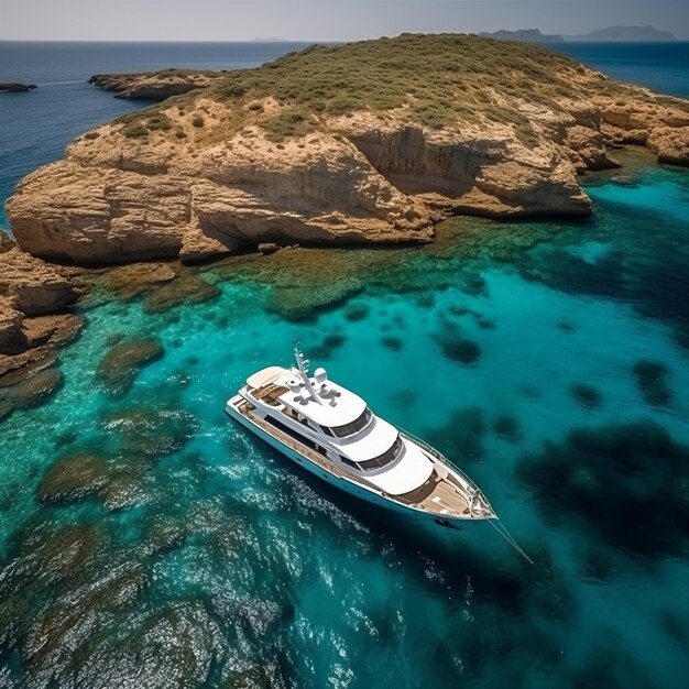 Vista aerea dello yacht di lusso accanto al paradiso dell'isola mediterranea ai generato