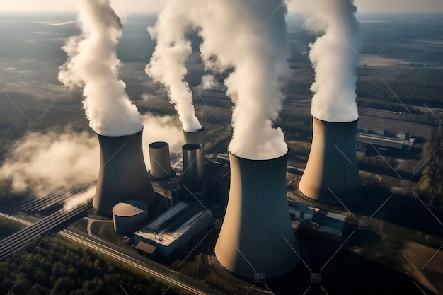 Vista aerea di alti camini in una centrale elettrica a carbone Generative AI