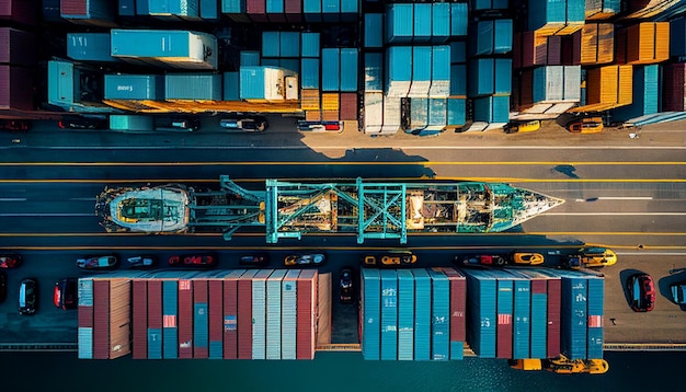 Vista aerea di camion merci in un porto affollato IA generativa per scaricare merci da navi portarinfuse