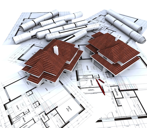 Vista aerea di due modelli di case con tetti rossi sopra i progetti dell'architetto