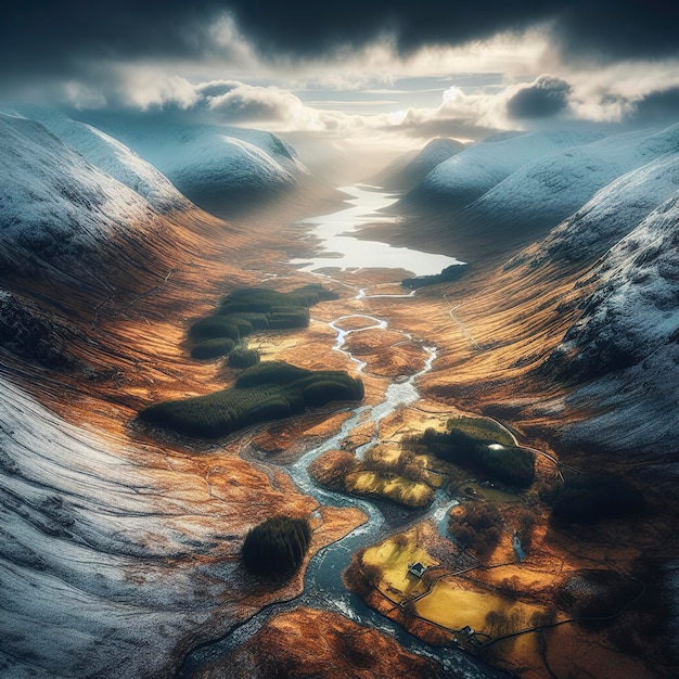 Vista aerea di glen etive in inverno vicino a glencoe nella regione di argyll delle Highlands della Scozia