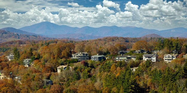 Vista aerea di grandi case familiari sulla cima di una montagna tra alberi gialli nell'area suburbana della Carolina del Nord nella stagione autunnale Sviluppo immobiliare nella periferia americana