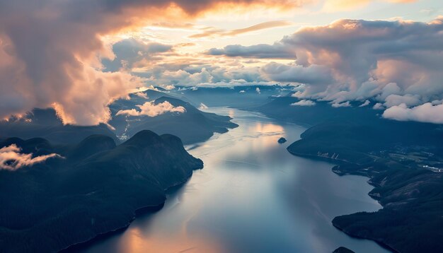 Vista aerea di Howe Sound dopo un tramonto nuvoloso d'estate