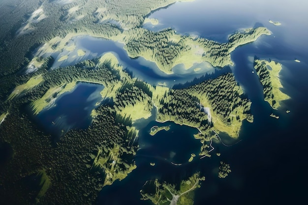 Vista aerea di laghi e foreste