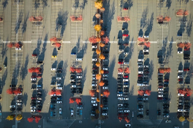 Vista aerea di molte auto colorate parcheggiate sul parcheggio con linee e marcature per i posti di parcheggio e le direzioni Luogo per i veicoli di fronte a una piazza di un centro commerciale