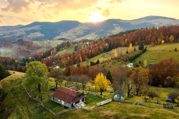 Vista aerea di piccole case di pastori su un ampio prato tra la foresta autunnale nelle montagne dei Carpazi ucraini al tramonto.