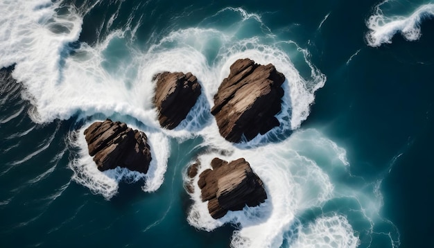 Vista aerea di rocce marroni scure nell'acqua turbolenta del mare