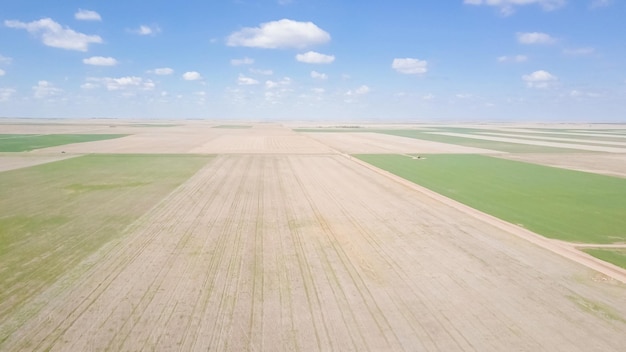 Vista aerea di terreni agricoli sulle pianure orientali in primavera.