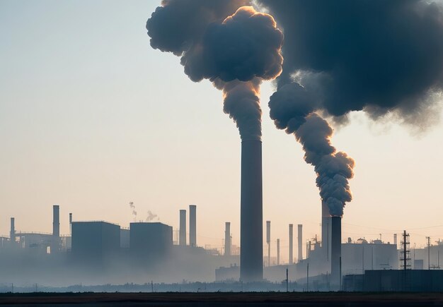 Vista aerea di un alto camino di fumo con emissioni di fumo I tubi dell'impianto inquinano l'atmosfera Fatto industriale