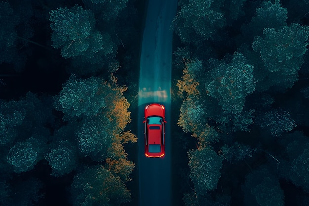 Vista aerea di un'auto rossa che attraversa la foresta