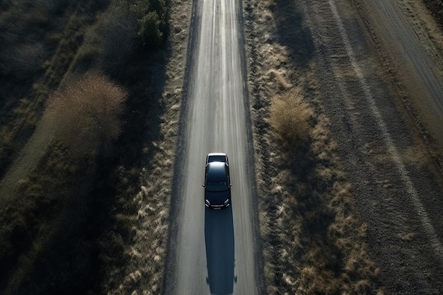 Vista aerea di un'auto sulla strada