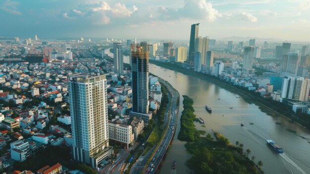Vista aerea di un bellissimo grattacielo lungo il fiume luce liscia lo sviluppo urbano vicino a Ho Chi Minh City Vietnam
