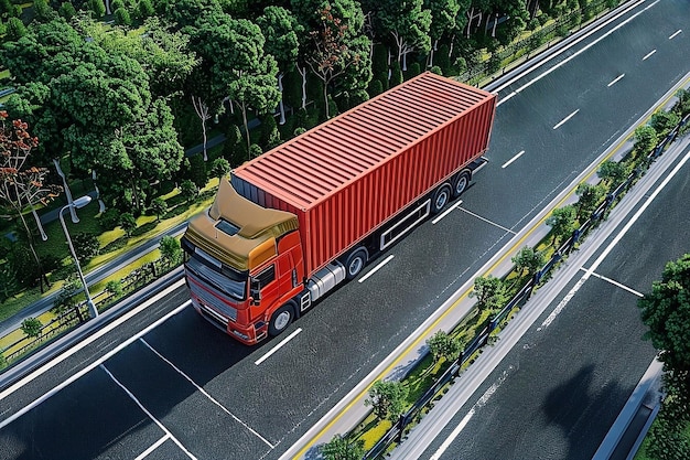 Vista aerea di un camion con un container sulla strada