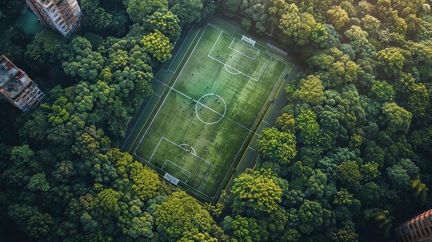 Vista aerea di un campo da calcio circondato da alberi