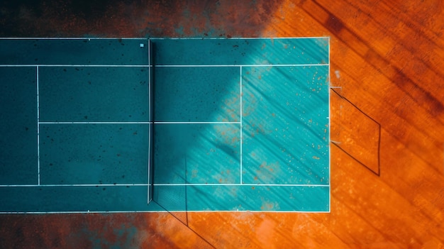 Vista aerea di un campo da tennis con rivestimento blu e rosso in un cortile o parco cittadino all'ombra degli alberi Sviluppo e divulgazione degli sport di massa e del tempo libero attivo nell'ambiente urbano