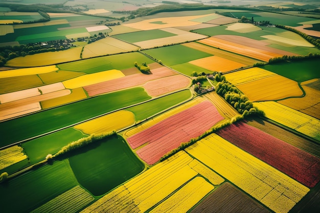 Vista aerea di un campo di tulipani colorati