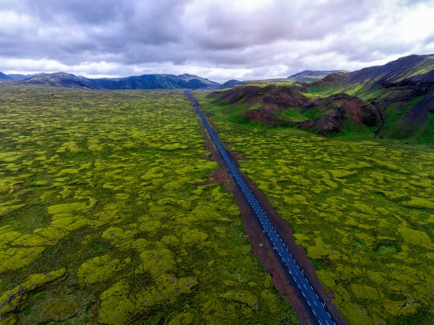 Vista aerea di un campo muscoso in Islanda