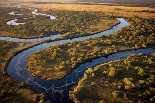 Vista aerea di un fiume tortuoso attraverso la savana creato con l'AI generativa