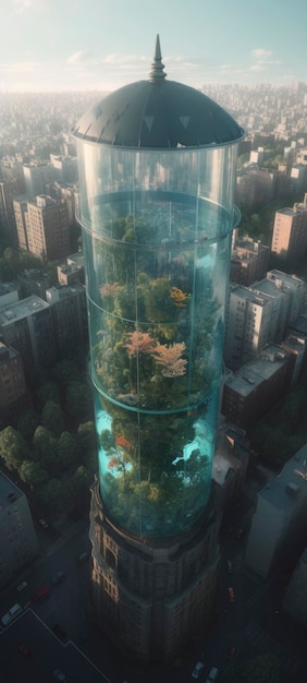 Vista aerea di un gigantesco acquario a forma di torre nel mezzo di New York City Genera Ai