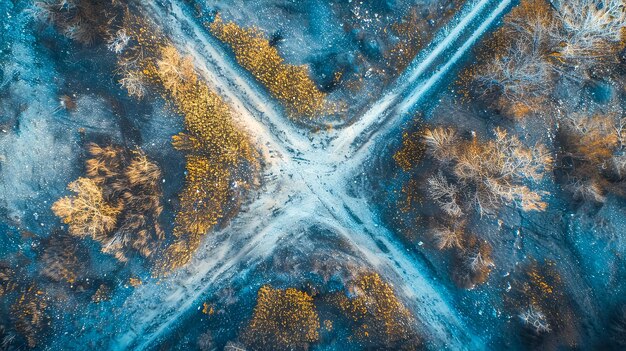 Vista aerea di un incrocio di strade nella foresta d'autunno