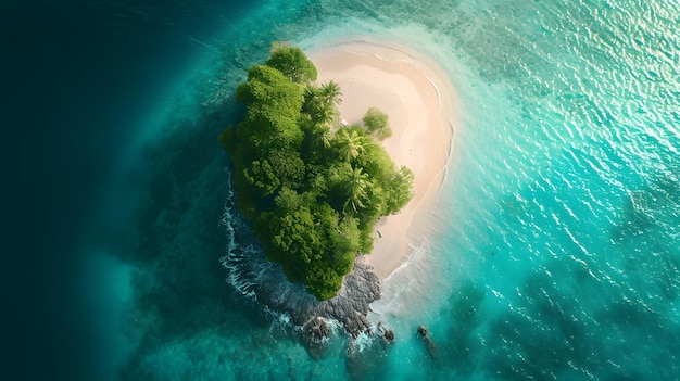 Vista aerea di un'isola tropicale con spiaggia sabbiosa e palme