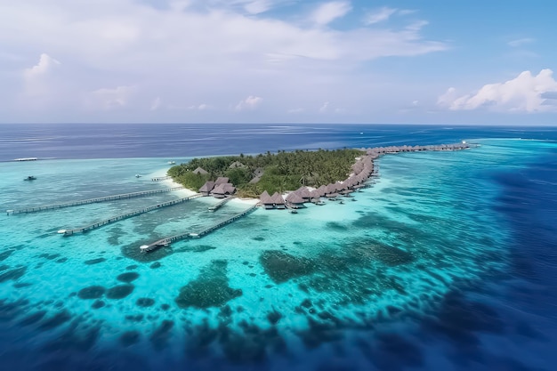 Vista aerea di un'isola tropicale nell'isola delle Maldive Lussuose ville sull'acqua nel resort tropicale AI