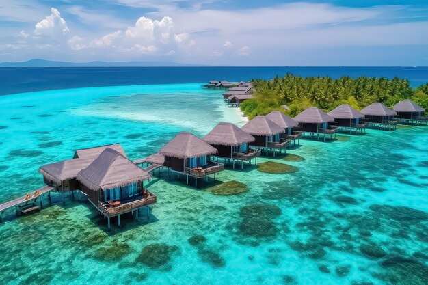 Vista aerea di un'isola tropicale nell'isola delle Maldive Lussuose ville sull'acqua nel resort tropicale AI