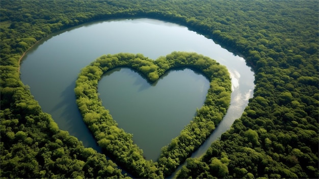 Vista aerea di un lago a forma di cuore nel mezzo di una foresta