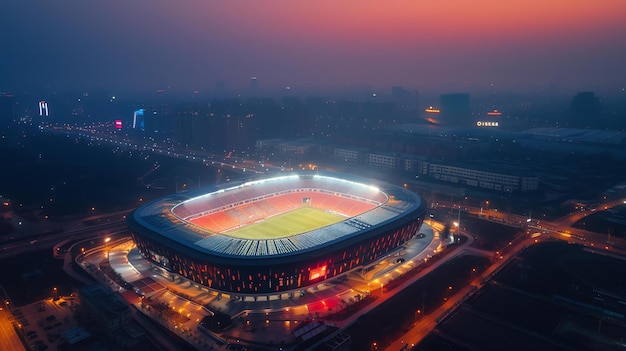 Vista aerea di un moderno stadio di calcio di notte Lo stadio si trova in una densa zona urbana ed è circondato da alti edifici