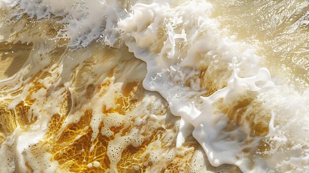 Vista aerea di un'onda che si rompe a Peniche, in Portogallo, sabbia dorata e schiuma bianca da t Generative AI