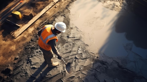 Vista aerea di un operaio edile che versa strada in cemento al cantiere