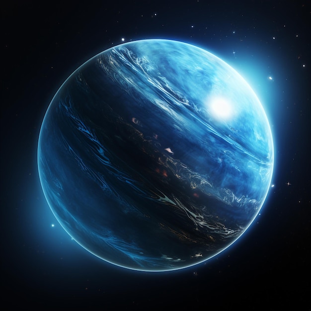 vista aerea di un pianeta con un bagliore blu brillante che genera un'intelligenza artificiale