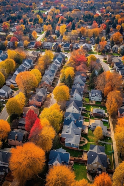 Vista aerea di un quartiere suburbano con tetti colorati creati con AI generativa