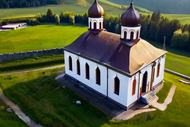 vista aerea di un tempio barocco o gotico o di una chiesa cattolica in campagna