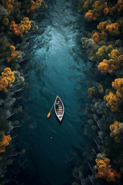 Vista aerea di un uomo in una barca su un fiume circondato da alberi