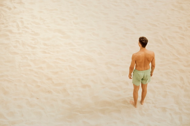 Vista aerea di un uomo sulla spiaggia, in piedi sulla sabbia fine della spiaggia. guarda l'orizzonte, aspetta qualcosa.