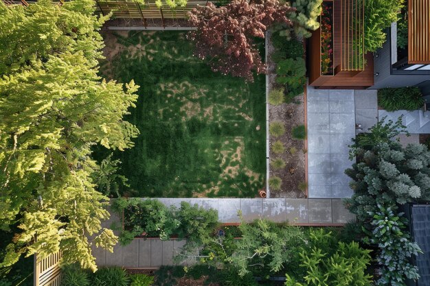 Vista aerea di un vivace cortile verde perfetto per idee di paesaggio