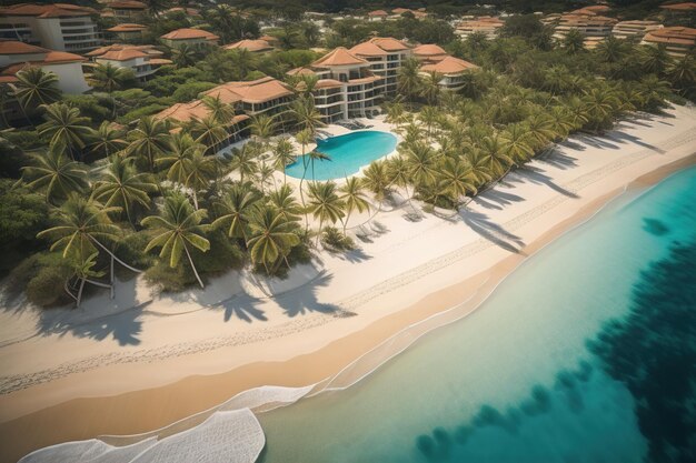 Vista aerea di una bellissima spiaggia tropicale e del mare con una palma di cocco ai generative