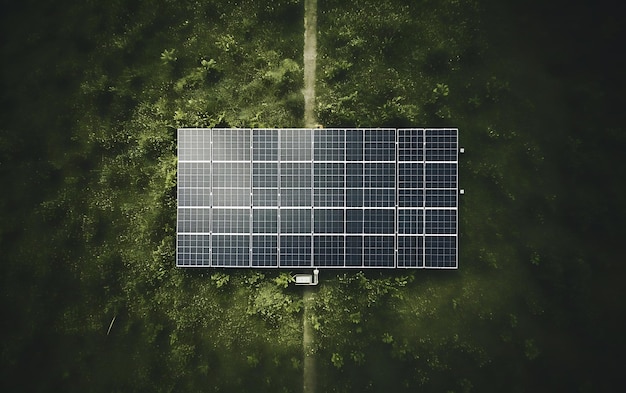 Vista aerea di una centrale solare con file di pannelli solari