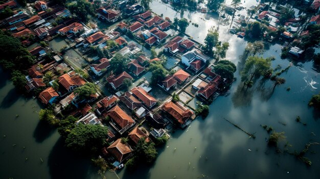 Vista aerea di una città allagata