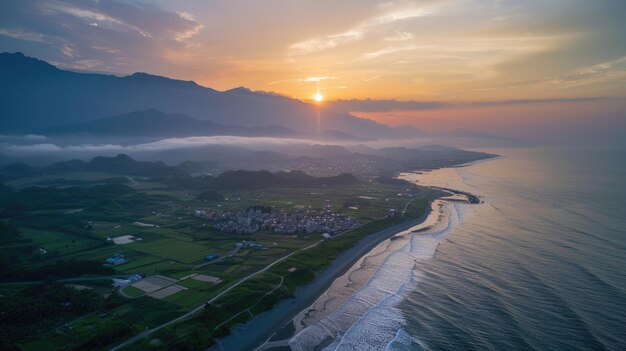 Vista aerea di una città costiera al tramonto con nebbia sulle montagne