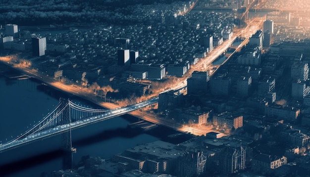 Vista aerea di una città del centro e sullo sfondo del ponte
