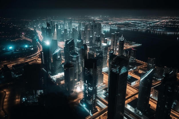 Vista aerea di una città di notte con molte luci generative ai