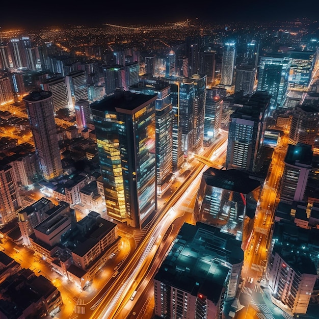 Vista aerea di una città di notte con molto traffico generativo ai