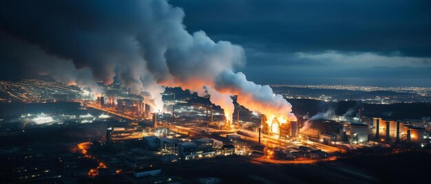 vista aerea di una fabbrica che fuma pesantemente di notte nella zona industriale