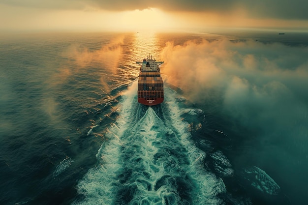 Vista aerea di una grande nave da carico carica di container colorati che attraversa le tranquille acque blu dell'oceano