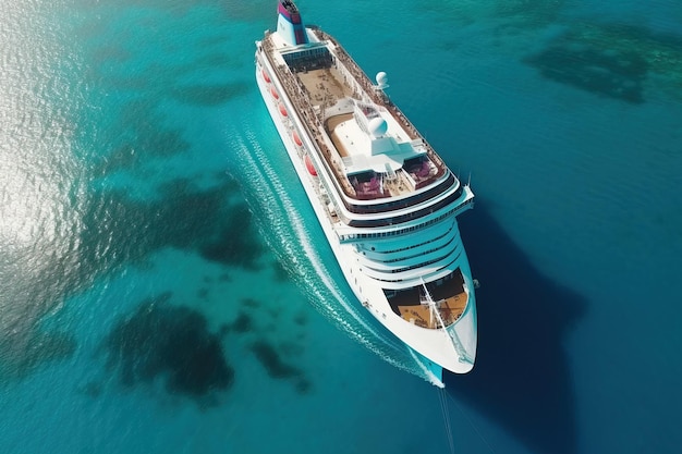 Vista aerea di una grande nave da crociera sul calmo mare blu creata utilizzando strumenti generativi di IA