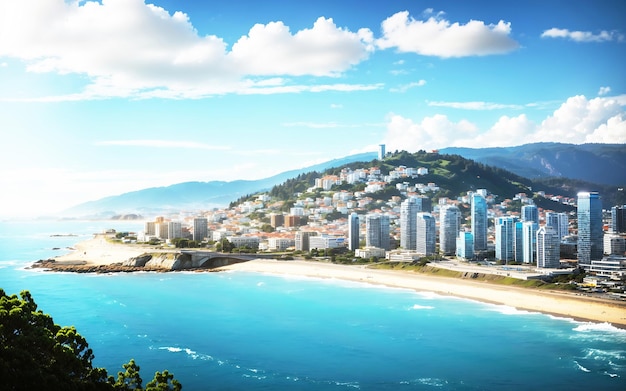 Vista aerea di una moderna città costiera Una città costiera sul mare con uno skyline mozzafiato