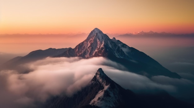 Vista aerea di una montagna coperta di nebbia sotto il bellissimo cielo rosa Generative AI AIG21