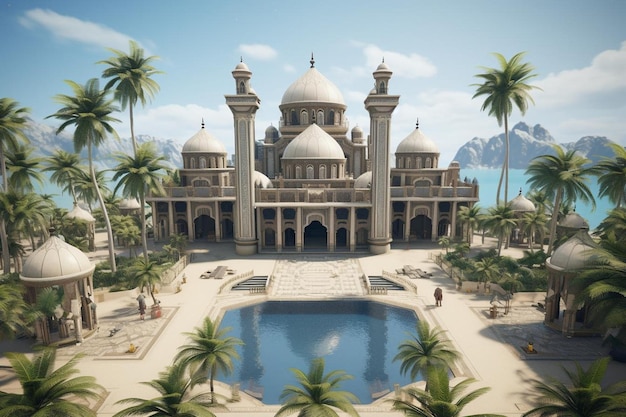Vista aerea di una moschea circondata da palme